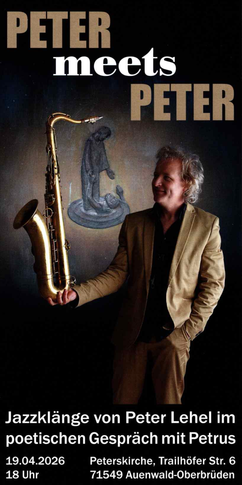 Flyer zur Veranstaltung "Klang trifft Wort" zeigt ein Saxophon, den untergehenden Petrus mit Jesus und den Saxophonisten