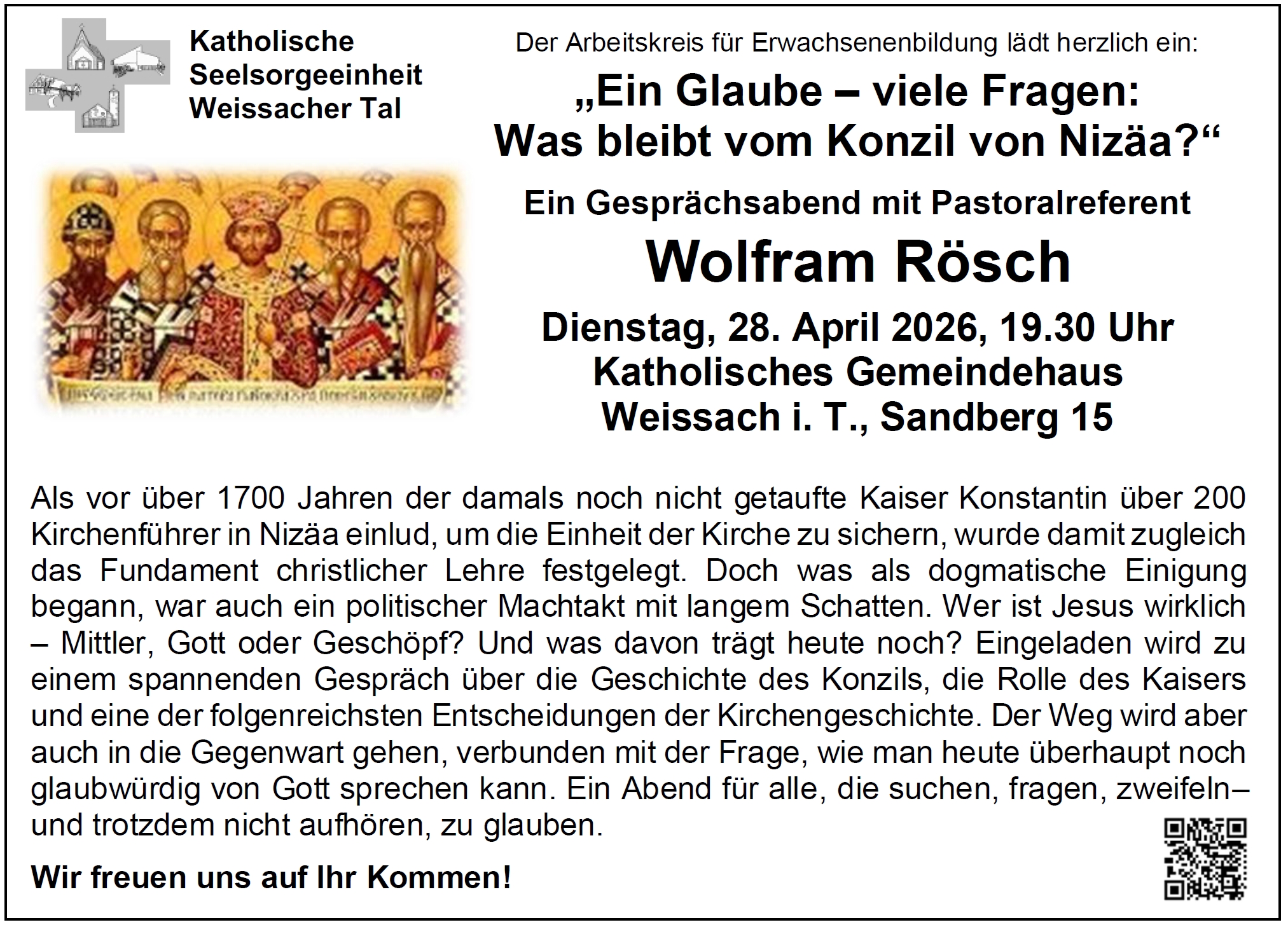 Ikone vom 1. Konzil von Nicäa mit Kaiser Konstantin, der den Text des Nicänischen Glaubensbekenntnisses entrollt