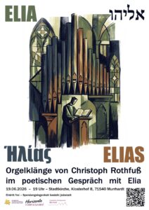 Veranstaltungsplakat: Mann mit aufgeschlagenem Buch bei Rednerpult vor Orgel in Kirche